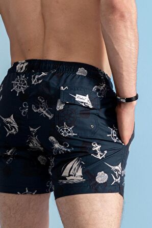 Yelken Çapa Pusula Desenli Deniz Şortu-Lacivert-M