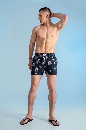 Yelken Çapa Pusula Desenli Deniz Şortu-Lacivert-M