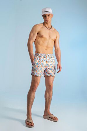 Sörf Desenli Deniz Şortu-Beyaz-M