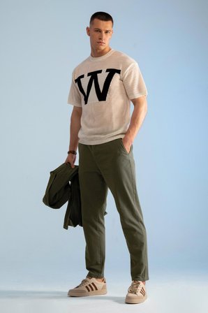 W Logolu Oversize File Triko Tişört-Bej-XL