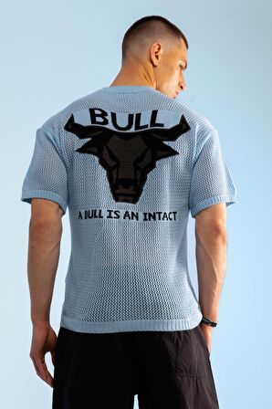 Boğa Figürlü Delikli Triko Tişört-Mavi-L