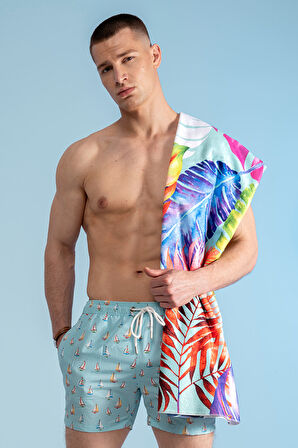 Dijital Baskılı Plaj Havlusu & Deniz Şortu İkili Takım-Turkuaz-M