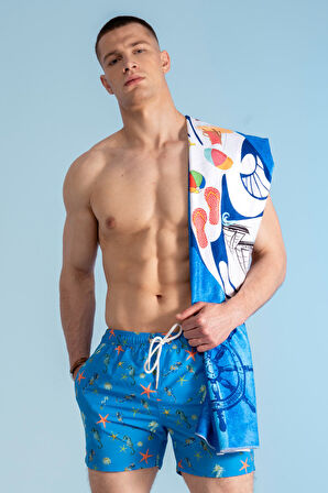 Yunus Desenli Plaj Havlusu & Deniz Şortu İkili Takım-Mavi-XXL