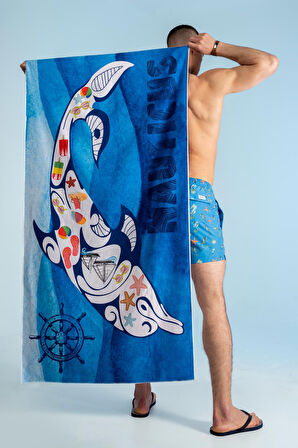 Yunus Desenli Plaj Havlusu & Deniz Şortu İkili Takım-Mavi-XXL