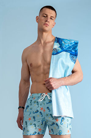 Dijital Baskılı Plaj Havlusu & Deniz Şortu İkili Takım-Turkuaz-S