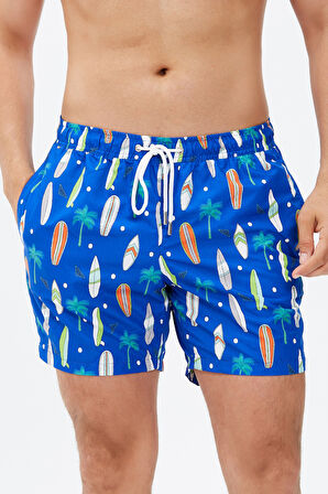 Surfboard Desen Plaj Havlusu & Deniz Şortu İkili Takım-Mavi-L