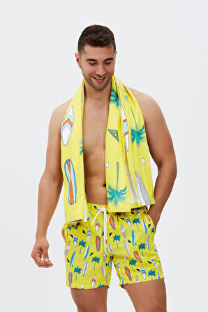 Surfboard Desen Plaj Havlusu & Deniz Şortu İkili Takım-Sarı-S