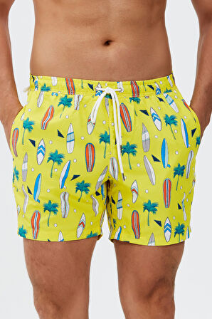 Surfboard Desen Plaj Havlusu & Deniz Şortu İkili Takım-Sarı-XXL