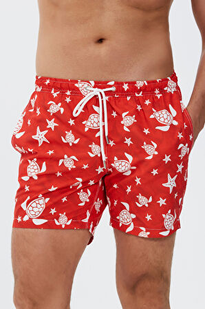 Caretta Desenli Plaj Havlusu & Deniz Şortu İkili Takım-Kırmızı-S