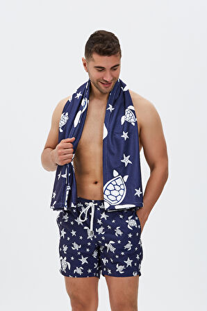 Caretta Desenli Plaj Havlusu & Deniz Şortu İkili Takım-Lacivert-L