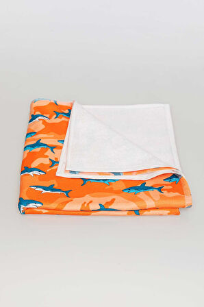 Shark Desenli Plaj Havlusu & Deniz Şortu İkili Takım-Turuncu-M