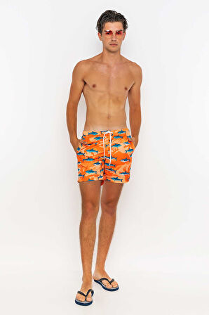 Shark Desenli Plaj Havlusu & Deniz Şortu İkili Takım-Turuncu-M