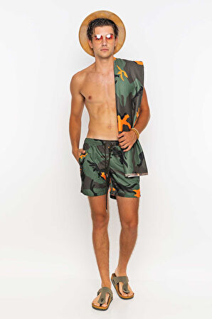 Kamuflaj Desenli Plaj Havlusu & Deniz Şortu İkili Takım-Haki-S