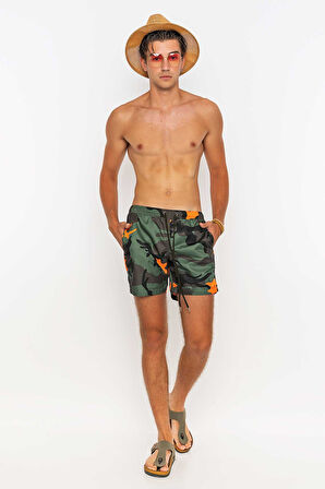 Kamuflaj Desenli Plaj Havlusu & Deniz Şortu İkili Takım-Haki-S