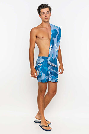 Kamuflaj Desenli Plaj Havlusu & Deniz Şortu İkili Takım-Mavi-XXL