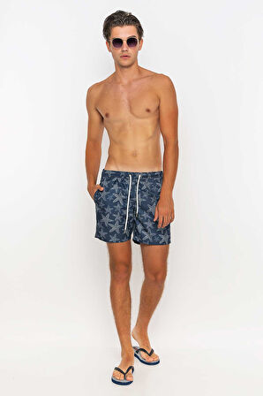 Deniz Yıldızı Desenli Plaj Havlusu & Deniz Şortu İkili Takım-Lacivert-XXL