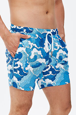 Dalga Desenli Plaj Havlusu & Deniz Şortu İkili Takım-Mavi-L