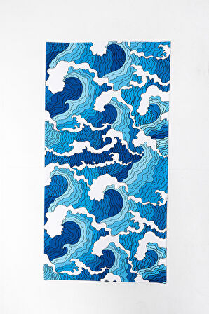 Dalga Desenli Plaj Havlusu & Deniz Şortu İkili Takım-Mavi-L