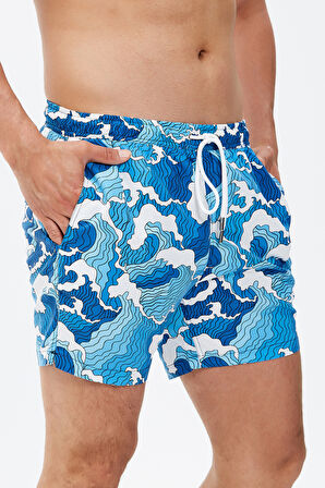 Dalga Desenli Plaj Havlusu & Deniz Şortu İkili Takım-Mavi-M