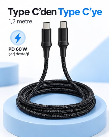 60W PD Hızlı Şarj Destekli LED Göstergeli Type C Kablo