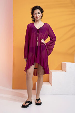 Likralı Tülden Volanlı Kimono Kaftan-Mürdüm-M