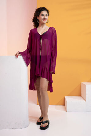 Likralı Tülden Volanlı Kimono Kaftan-Mürdüm-M