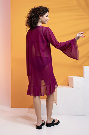 Likralı Tülden Volanlı Kimono Kaftan-Mürdüm-M