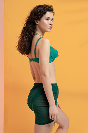 Örme Şifon Büzgülü Mini Etek Pareo-Zümrüt-M