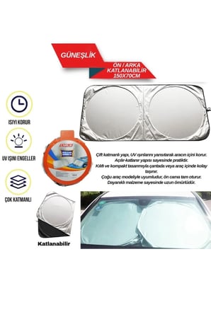 Miflonlu Katlanır Oto Ön Cam Güneşliği 150x70cm Güneş Koruyucu Yazlık Araç Aksesuarı