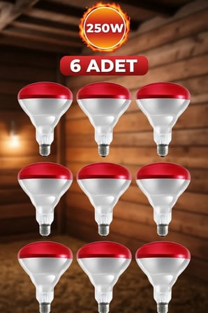 (6 Adet) 250W Kızılötesi Isıtıcılı Hayvan Isıtma ve Kuluçka Lambası (Kırmızı Işık) E27 (Kalın Duy)