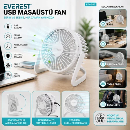 Usb Şarjlı - Pvc Gövde 14.5x14.1cm Masa Üstü Fan - Vantilatör Efn-505 Bx40