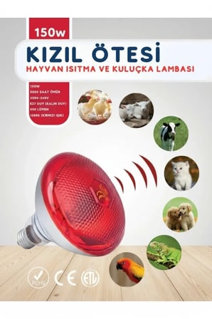 150W Kızılötesi (infrared) Isıtıcılı Hayvan Isıtma ve Kuluçka Lambası (Kırmızı Işık) E27 (Kalın Duy)