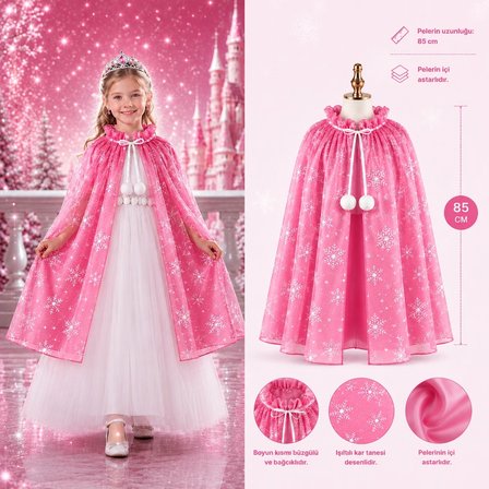 Kar Tanesi Desenli Pembe Elsa Pelerini - Astarlı Frozen Pelerini 85 Cm Bx40