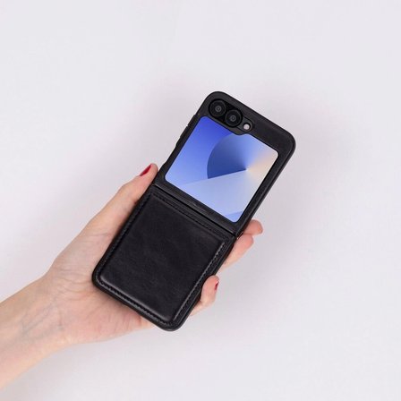 Samsung Galaxy Z Flip6 Uyumlu, Hakiki Deri, El Yapımı Arka Kapak Parlak Siyah