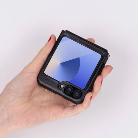 Samsung Galaxy Z Flip6 Uyumlu, Hakiki Deri, El Yapımı Arka Kapak Parlak Siyah