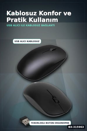 Optik Kablosuz Mouse 1600 DPI USB Alıcılı Ergonomik Siyah Fare - Ofis Ve Oyun Için BX-315963
