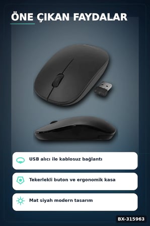 Optik Kablosuz Mouse 1600 DPI USB Alıcılı Ergonomik Siyah Fare - Ofis Ve Oyun Için BX-315963