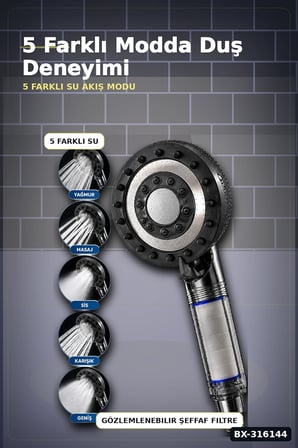 Filtreli Duş Başlığı 5 Fonksiyonlu Etkili Kireç ve Klor Filtreleme Banyo El Tipi BX-316144