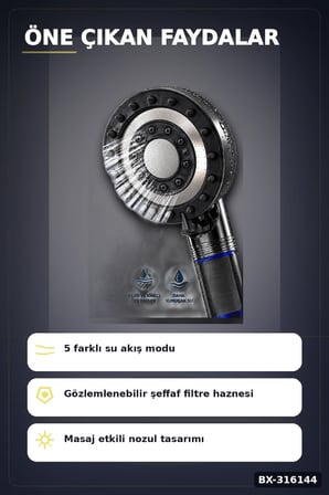 Filtreli Duş Başlığı 5 Fonksiyonlu Etkili Kireç ve Klor Filtreleme Banyo El Tipi BX-316144