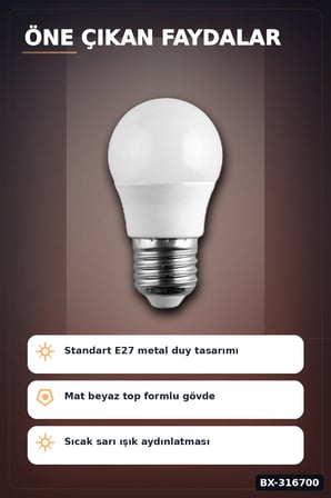 E27 Duy LED Top Ampul 6W 3200K Gün Işığı 540 Lümen Enerji Tasarruflu 1 Adet BX-316700