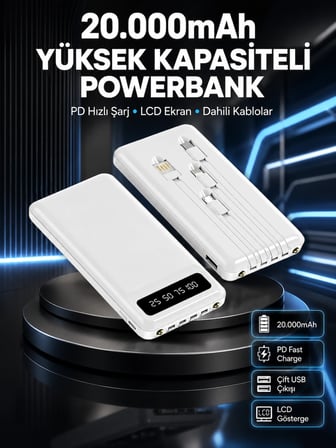 Akıllı LCD Ekranlı 20.000mAh Powerbank PD + USB + Type-C Yeni Nesil