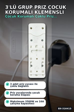 3'lü Grup Priz Çocuk Korumalı Klemensli 16A 250V Topraklı 2P+E Çoklu Priz BX-316415
