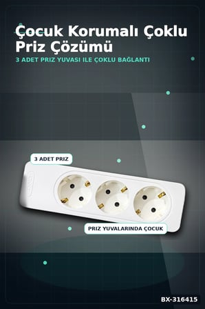 3'lü Grup Priz Çocuk Korumalı Klemensli 16A 250V Topraklı 2P+E Çoklu Priz BX-316415