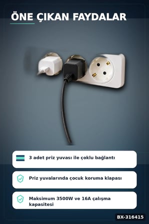 3'lü Grup Priz Çocuk Korumalı Klemensli 16A 250V Topraklı 2P+E Çoklu Priz BX-316415