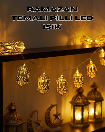 Pilli Ramazan Işıkları Altın Renk Fener Figürlü LED Süsleme