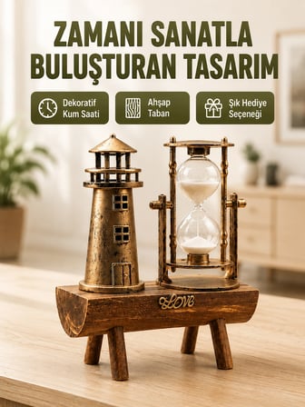 Vintage Kum Saati + Deniz Feneri Modeli – Ahşap Gövdeli Masa Üstü Dekor Yeni Nesil