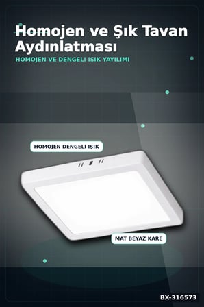 Kare Sıva Üstü LED Panel Armatür 25W 6400K Beyaz Işık 21 cm Tavan Lambası BX-316573