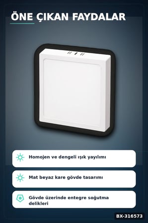Kare Sıva Üstü LED Panel Armatür 25W 6400K Beyaz Işık 21 cm Tavan Lambası BX-316573
