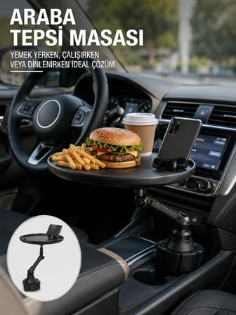 Araç İçi 360° Ayarlanabilir Bardaklık Tepsisi Geniş Yüzeyli ve Telefon Standlı Yeni Nesil