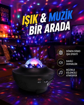 Sesle Etkileşimli Yıldız Projektörlü Gece Lambası – Bluetooth Hoparlörlü, USB Girişli, Dönen Okyanus